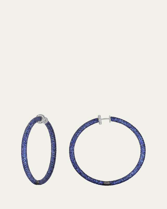 ​18K White Gold Blue Sapphire and Diamond Tube Hoop Earrings